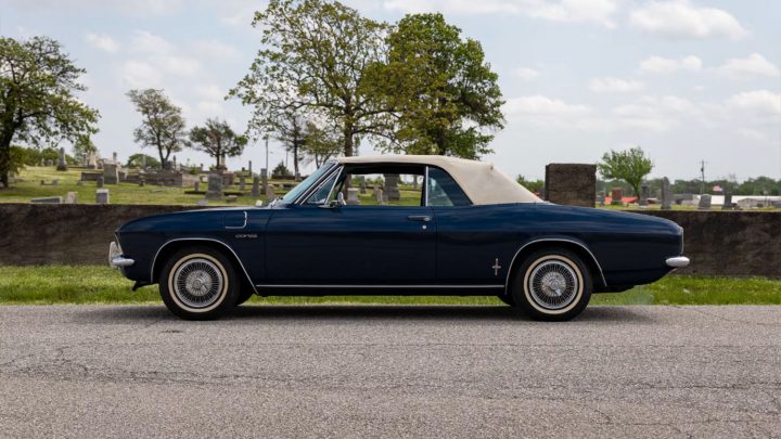 Side profile view of the 1964 Chevy Corvair Corsa convertible heading to auction in Tulsa.