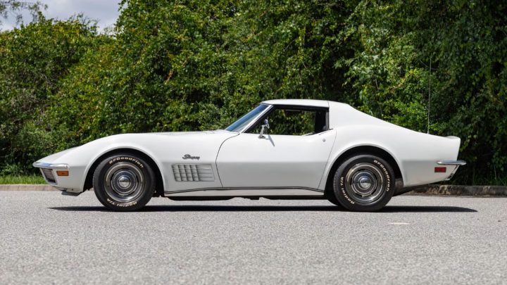 Side profile view of the 1972 Chevy Corvette LT-1 coupe heading to auction in Florida.