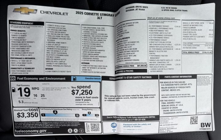 2025 Corvette Stingray Indy 500 Festival Car window sticker.