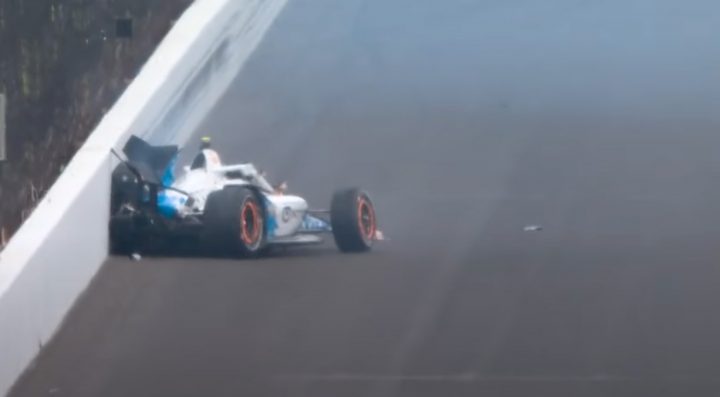 Video still of Nolan Siegel wrecking on the last lap of the 2025 Indy 500. The cold race track presented a challenge for the Chevy teams this year. 
