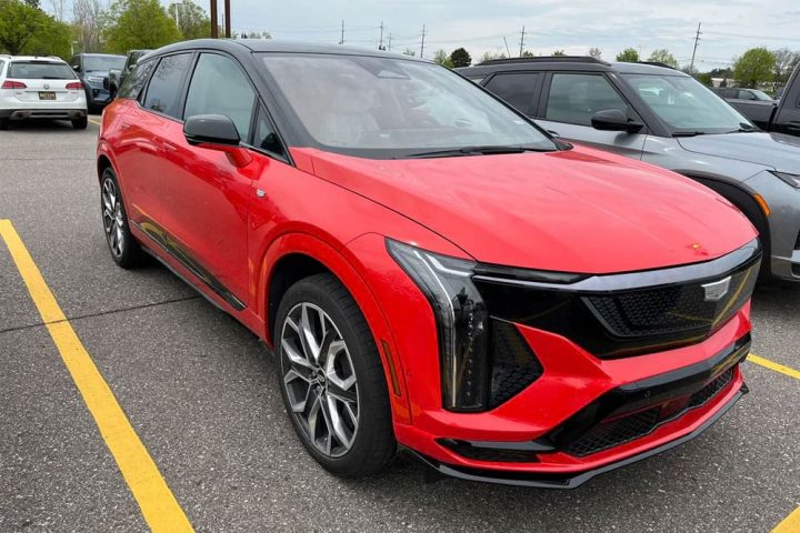 2026 Cadillac Optiq-V prototype front three quarter angle.