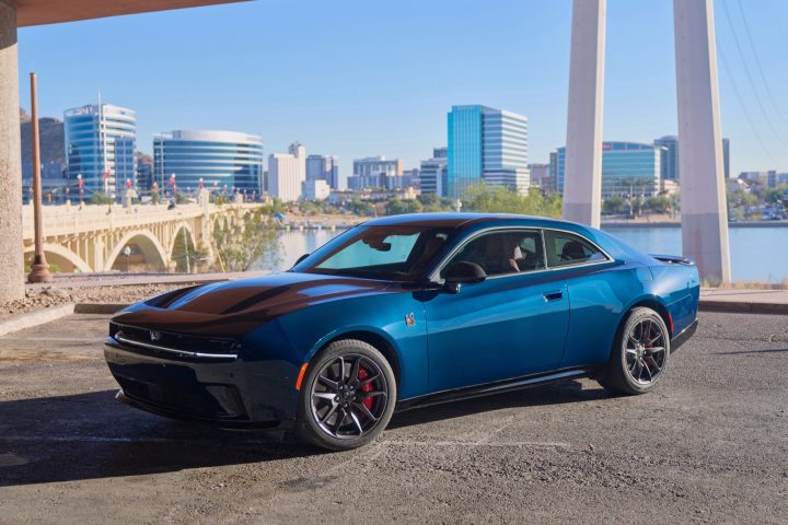 2026 Dodge Charger Daytona coupe front three quarter angle.