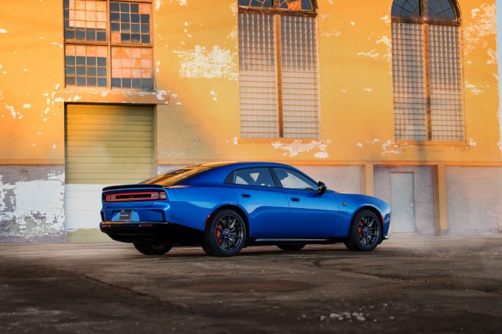 2026 Dodge Charger Daytona sedan rear three quarter angle.