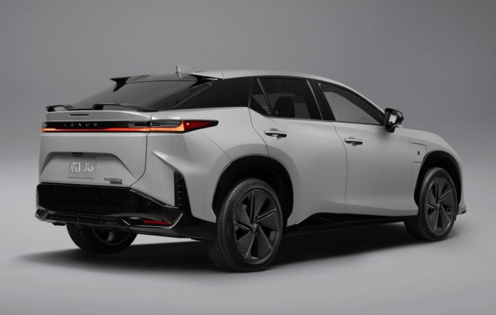 2026 Lexus RZ 550e F Sport rear three quarter angle.
