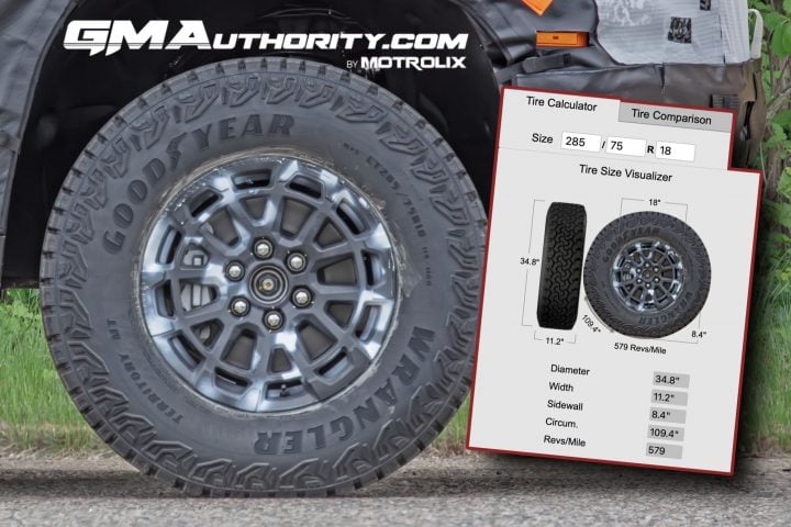 This 2027 Silverado ZR2 prototype rides on a set of 35-inch Goodyear Wrangler Territory MT tires, pictured here.