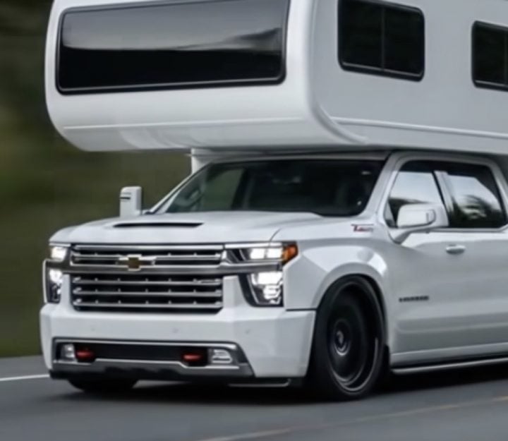 Front end of a Chevy Silverado HD camper rendering.