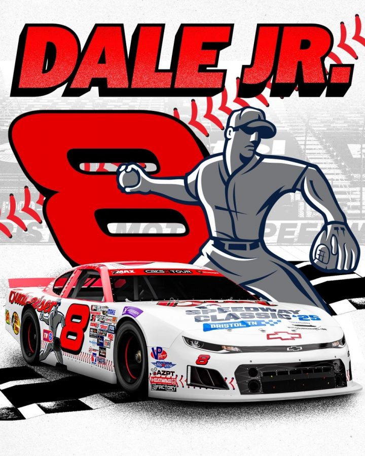 Promotional photo showing the white No. 8 Chevy to be driven by Dale Jr. in a Late Model race in August. It will be the first time the scheme has been raced since 2001.