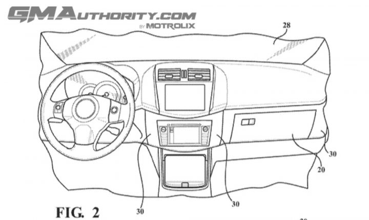 A GM patent image for a glovebox with a stowable tray table.