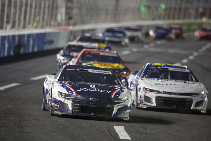 General view of racing during the 2025 Coca-Cola 600, showing Ross Chastain's No. 1 NASCAR Chevy in the lead. Chastain started dead last and went on to win. 