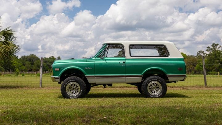 Side profile view of the custom-built 1972 Chevy Blazer heading to auction in Florida.