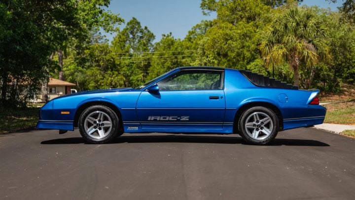 Side profile view of the 1987 Chevy Camaro IROC-Z headed to auction in Florida.