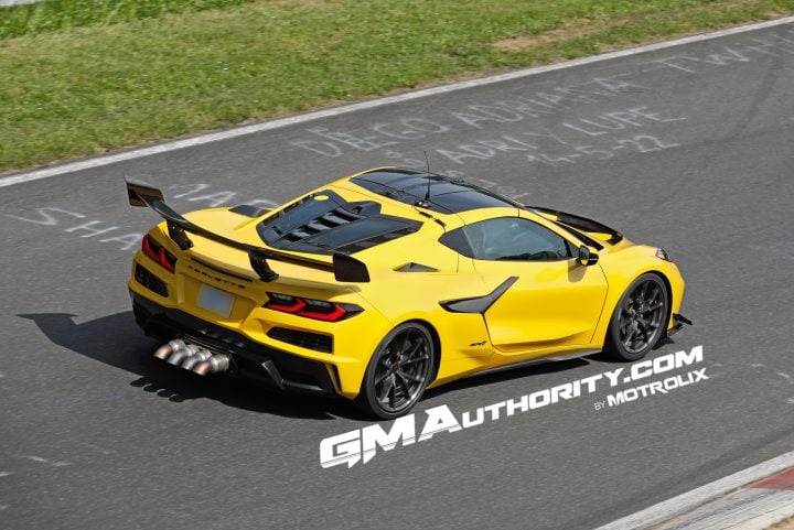 The rear of a C8 Corvette Zora prototype on a racetrack.