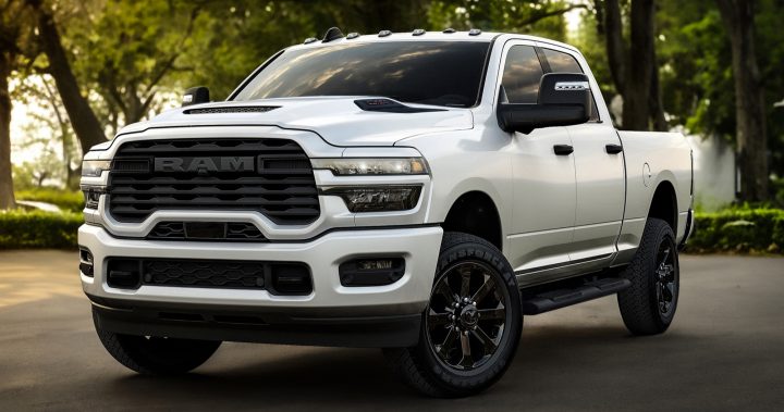 2026 Ram HD Black Express front three quarter angle.