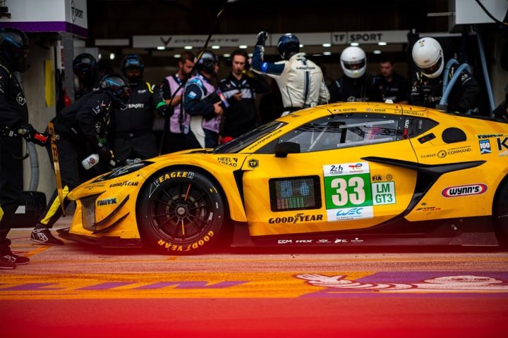 A side view of the No. 33 Corvette Racing Z06 GT3.R in Pit Lane at Le Mans in June 2025.