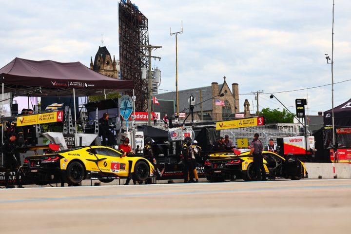 Photo showing the two Corvette Racing entries on Pit Lane ahead of the 2025 Detroit Grand Prix on May 31, 2025. 