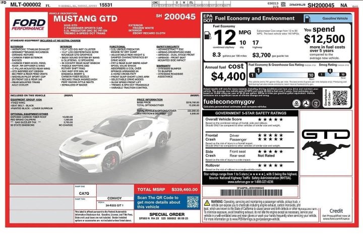 2025 Ford Mustang GTD window sticker.