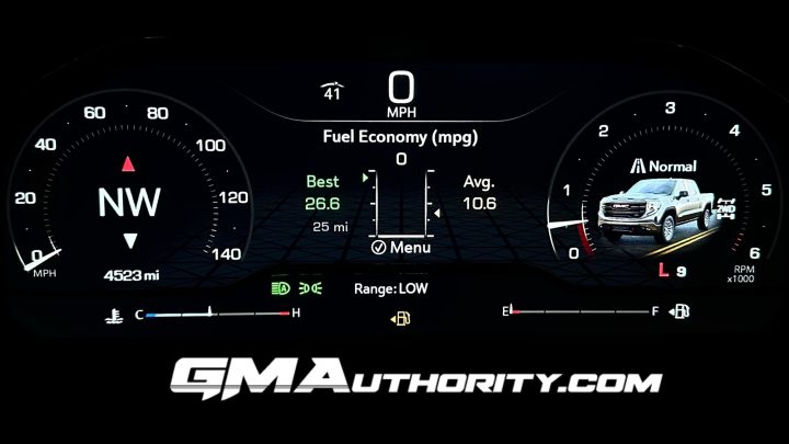 A photo of the GM Distance to empty gauge when it reads "LOW".