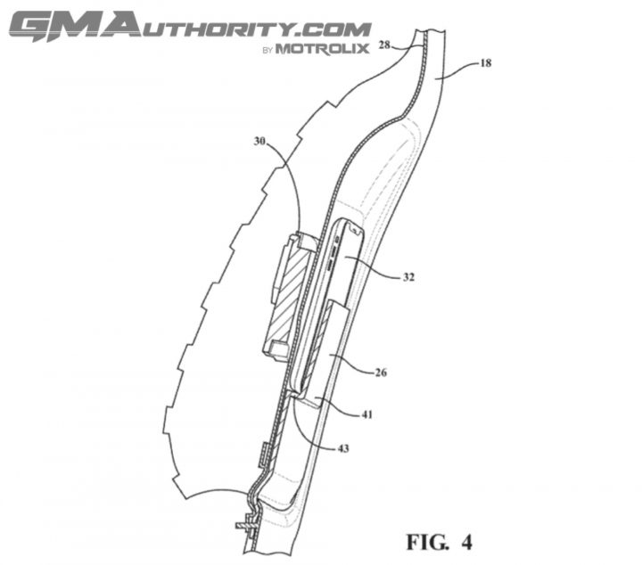 A GM patent image for a wireless device charging seatback pocket.