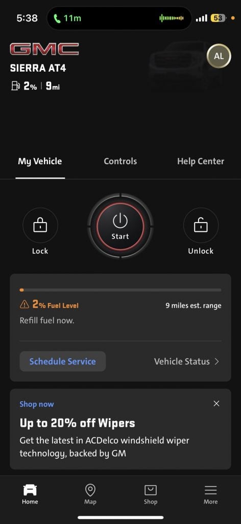 A GM myBrand app screen shot showing remaining miles until empty.