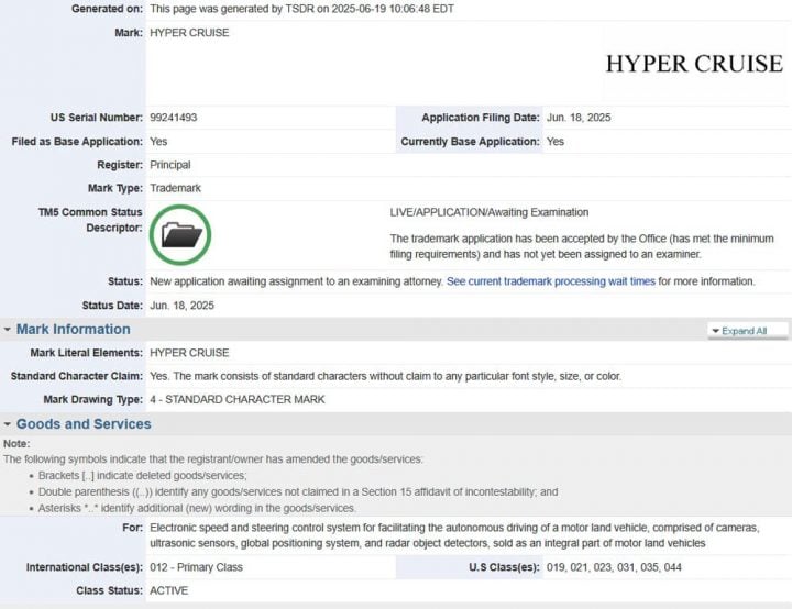 Hyper Cruise trademark filing.