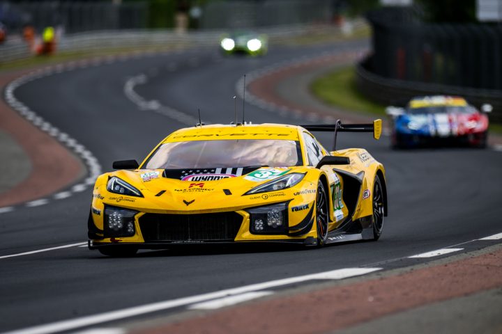Photo of the No. 33 Corvette Racing machine on track during qualifying at Le Mans, shown from a front three-quarters angle. 