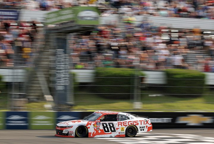 Photo showing the No. 88 NASCAR Chevy on track during the race at Pocono. Dale Jr. served as crew chief for Connor Zilisch, who won. 