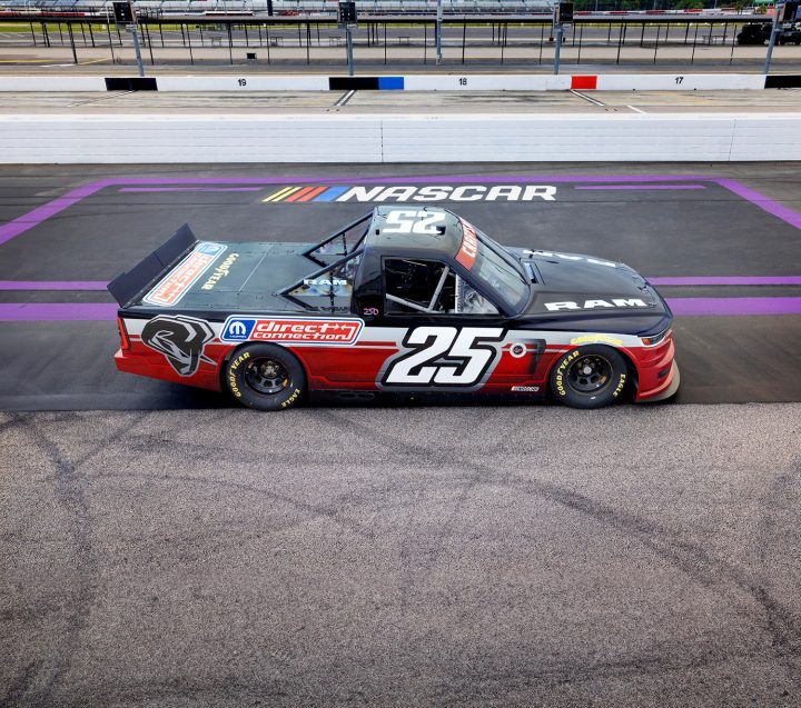 Photo showing a side view of the 2026 Ram 2500 race truck poised for a return to the NASCAR Truck Series. It will rival the Chevy Silverado RST in the division.