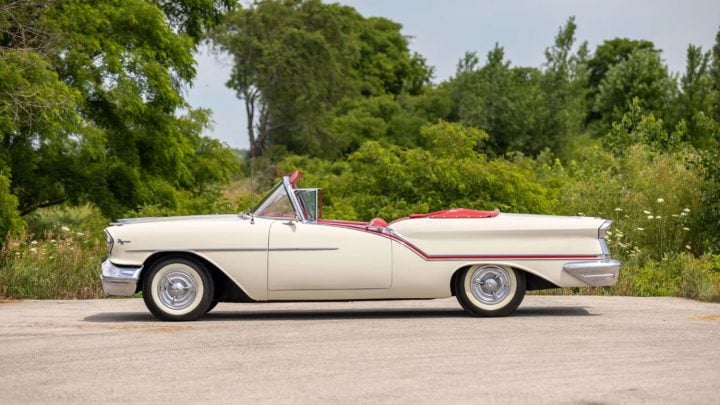 Side profile view of the 1957 Oldsmobile Super 88 heading to auction.