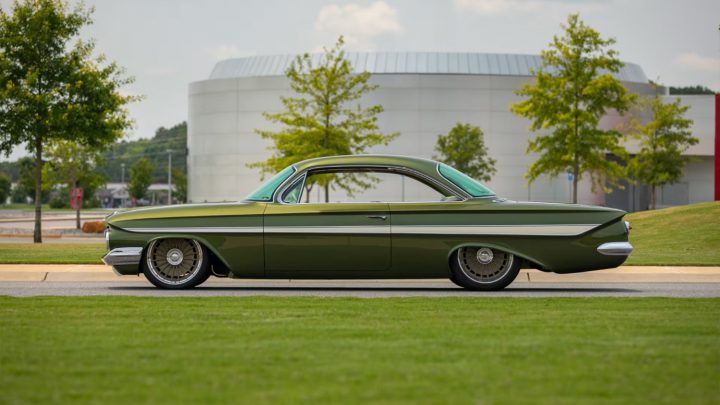Side profile view of the custom-built 1961 Chevy Impala Bubble Top heading to auction.