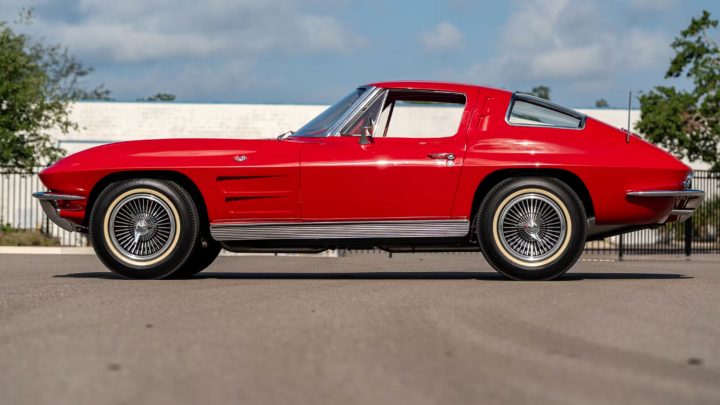 Side profile view of the 1963 Chevy Corvette coupe heading to auction in Florida.