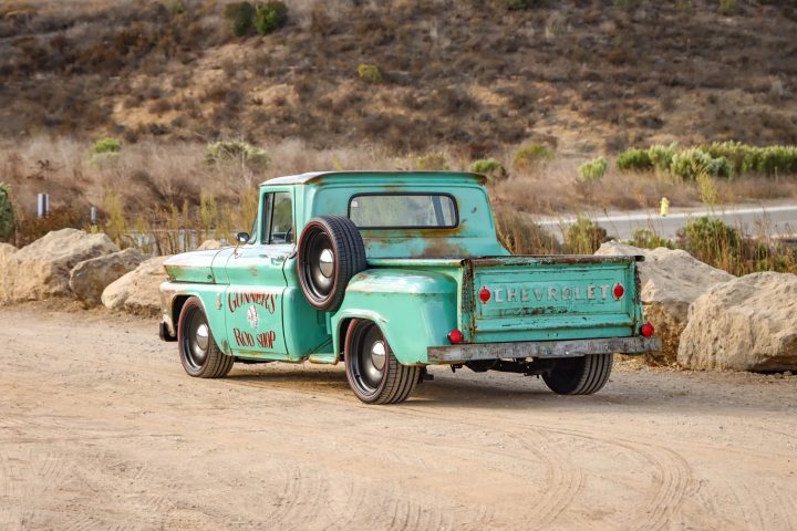 1963 Chevy C10 ratrod rear three quarter angle.