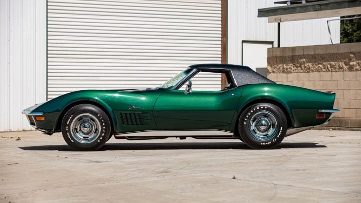 Side profile view of 1971 Chevy Corvette LS6 convertible heading to auction.