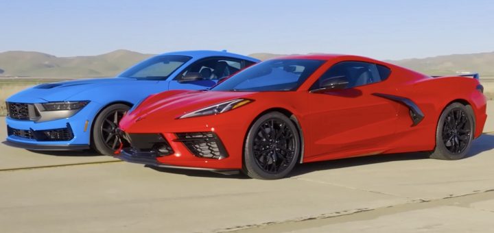 The C8 Corvette lines up to race the Ford Mustang Dark Horse.