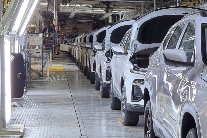 View of 2026 Chevy Tracker units leaving the assembly line at the GM Alvear plant in Argentina.