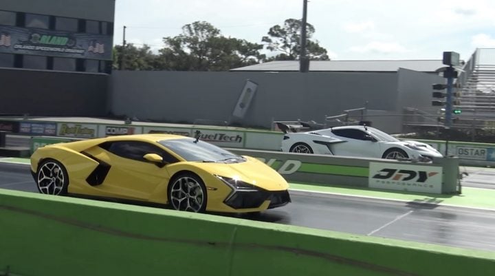 Lamborghini Revuelto lines up against the C8 Corvette ZR1 for a drag race.