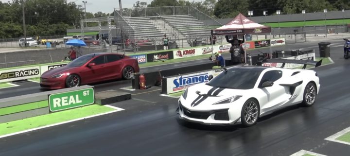 C8 Corvette ZR1 stages for a drag race against a Tesla Model S Plaid.