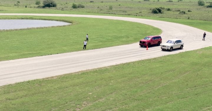 The Cadillac Escalade-V and Rolls-Royce Cullinan on the drag strip.