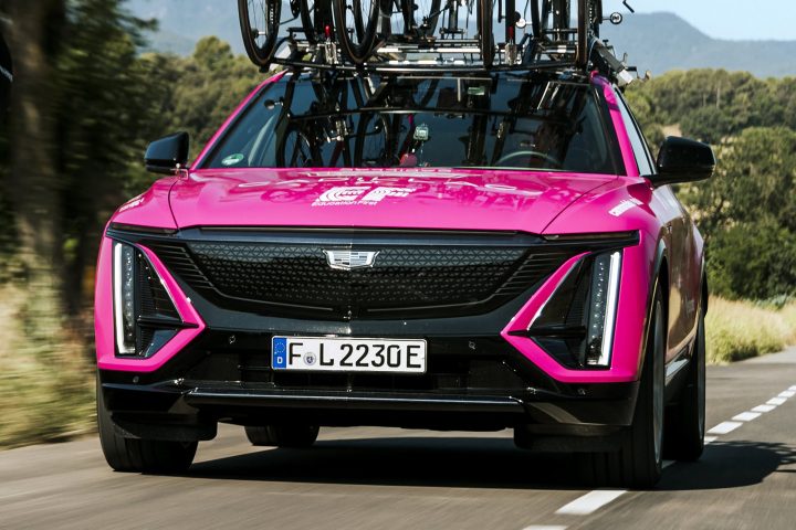 Front three-quarter view of the Cadillac Lyriq EF Pro Cycling support vehicle.