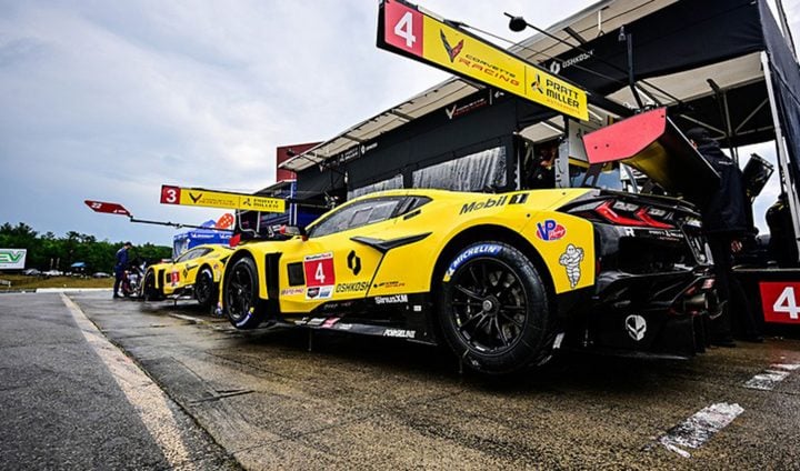 Photo of the No. 4 Corvette Racing team visiting the pits at Canadian Tire Motorsports Park. The team would finish second in the GTD Pro class.