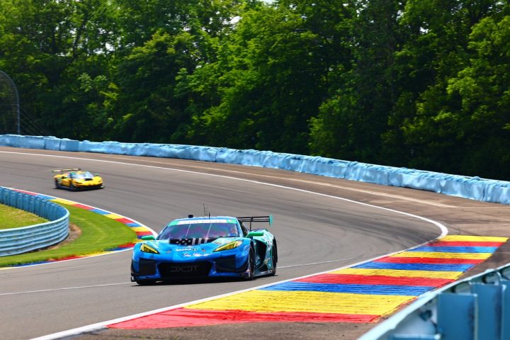 Photo of Corvette Racing on track at Canadian Tire Motorsports Park in 2024. They are searching for their 14th victory at the track. 