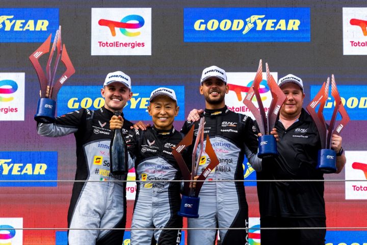 Photo of the No. 82 Corvette Racing team celebrating their win in the No. 82 Vette Z06 GT3.R at Imola. 