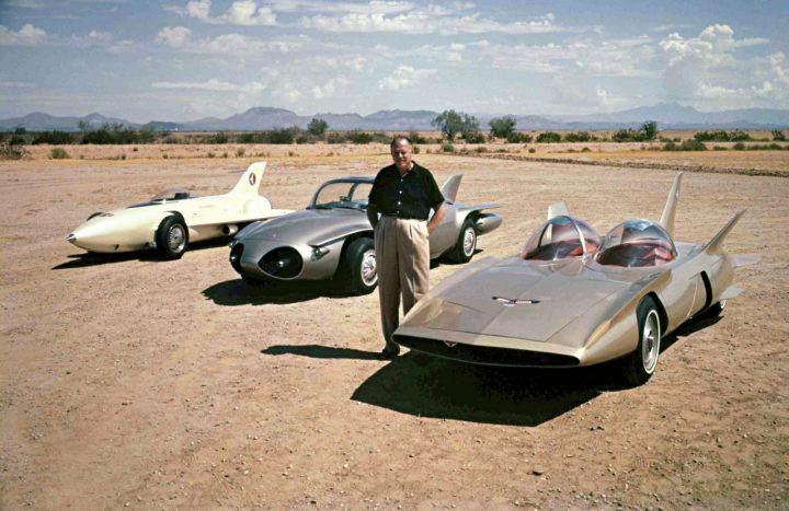 1958- Harley Earl with GM Firebirds I-II-III